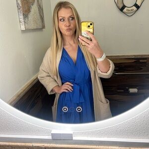 Blue Dress with Tan Cardigan